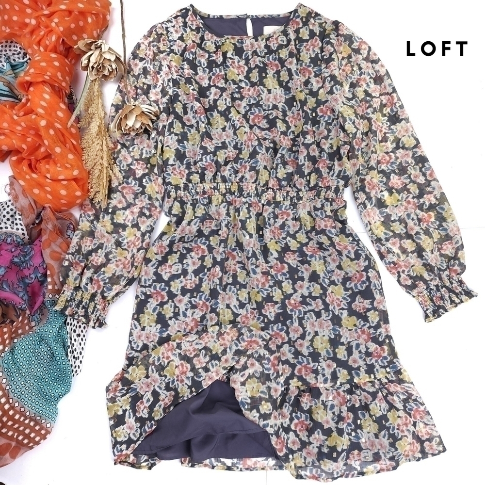 New Loft Charcoal Floral Sheer Lined Dress Sz M